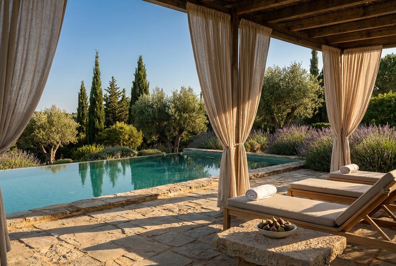 Wellness-Terrasse mit Pool, Olivenbäumen und Lavendel in einem privaten Garten an der Algarve / Wellness terrace with pool, olive trees and lavender in a private Algarve garden