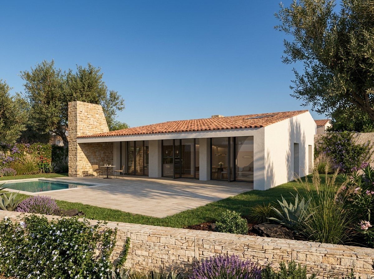 Villa Medium: mediterrane Villa mit Ziegeldach und Steinkamin / Mediterranean villa with tiled roof and stone chimney